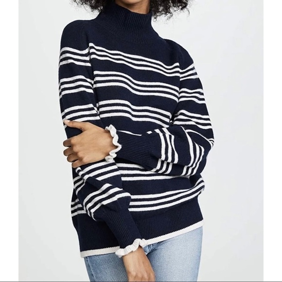 $295 Rebecca Taylor Women Sz XS Navy Blue Striped Merino Wool Turtleneck Sweater - Picture 1 of 13